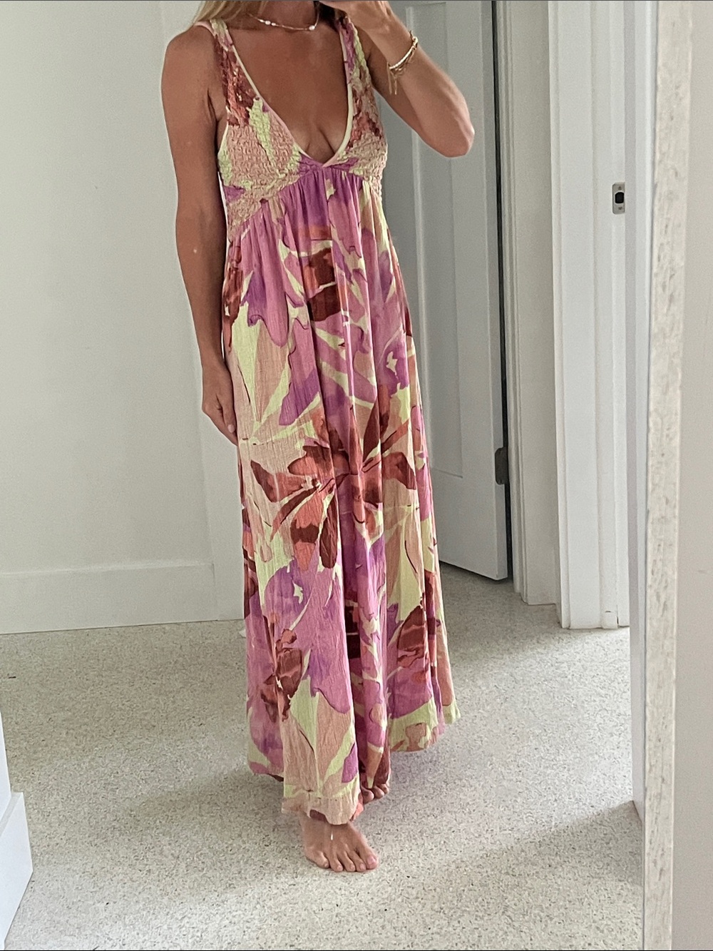 Floral V-Neck Summer Maxi Dress in Pink and purple